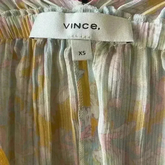 Vince Blouse Lotus Ruched Silk Top Floral Print Aqua Pink Yellow Size XS/S - Picture 9 of 10